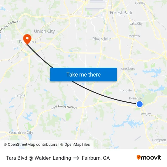 Tara Blvd @ Walden Landing to Fairburn, GA map