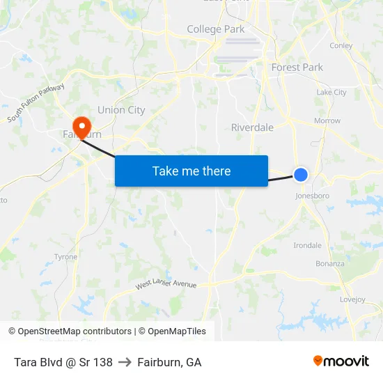 Tara Blvd @ Sr 138 to Fairburn, GA map