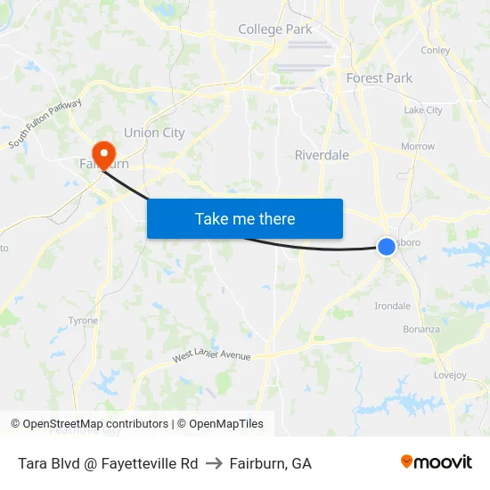 Tara Blvd @ Fayetteville Rd to Fairburn, GA map