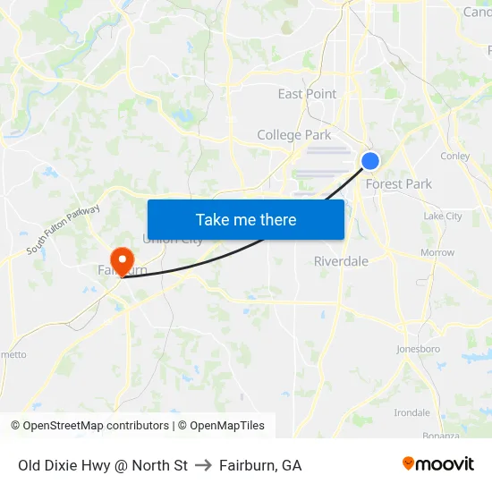 Old Dixie Hwy @ North St to Fairburn, GA map