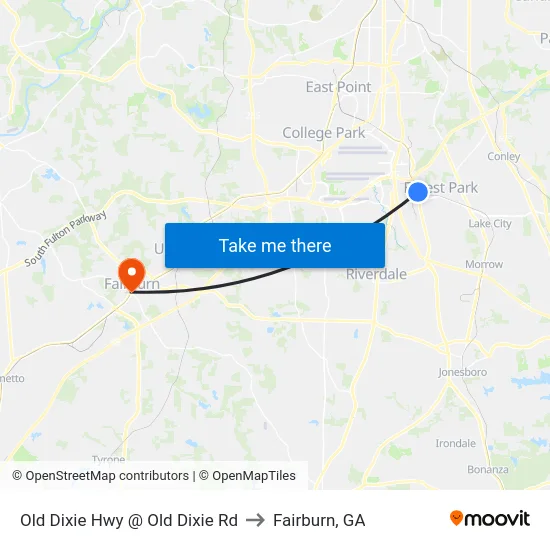 Old Dixie Hwy @ Old Dixie Rd to Fairburn, GA map
