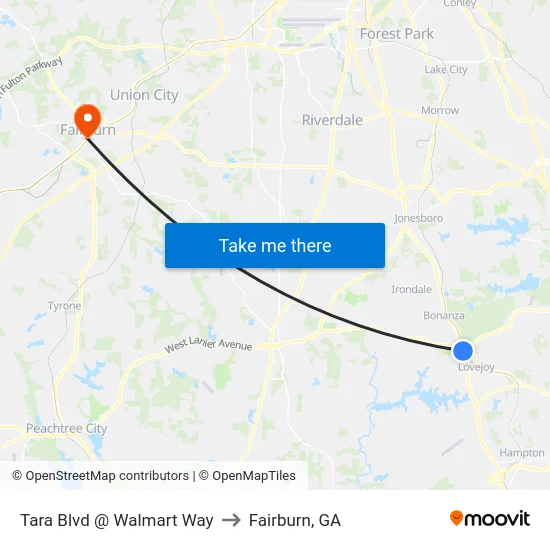 Tara Blvd @ Walmart Way to Fairburn, GA map