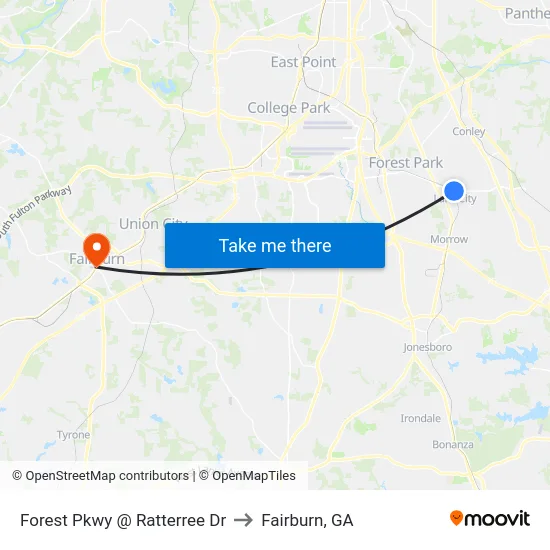 Forest Pkwy @ Ratterree Dr to Fairburn, GA map