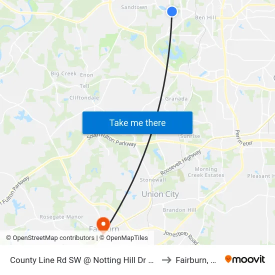 County Line Rd SW @ Notting Hill Dr SW to Fairburn, GA map