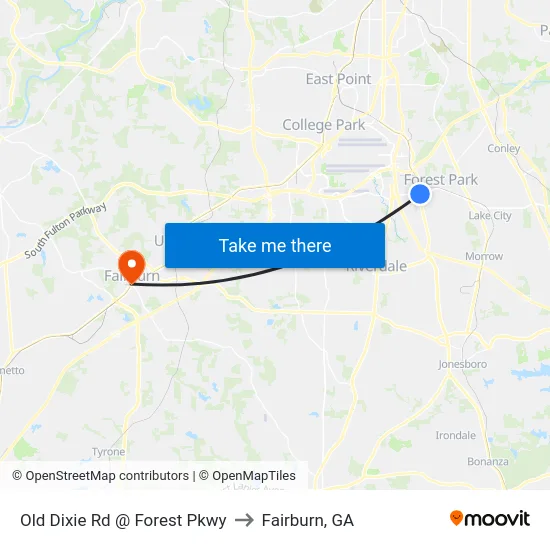 Old Dixie Rd @ Forest Pkwy to Fairburn, GA map