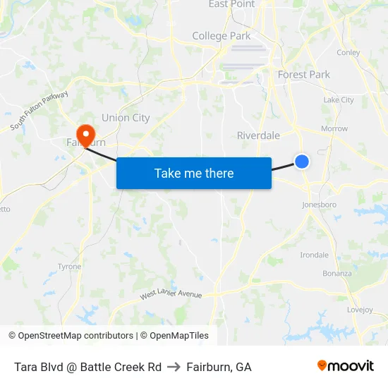 Tara Blvd @ Battle Creek Rd to Fairburn, GA map