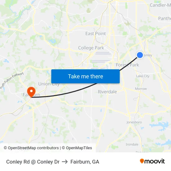 Conley Rd @ Conley Dr to Fairburn, GA map