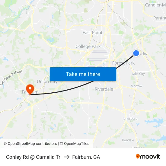Conley Rd @ Camelia Trl to Fairburn, GA map