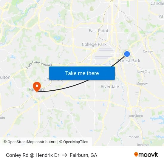 Conley Rd @ Hendrix Dr to Fairburn, GA map