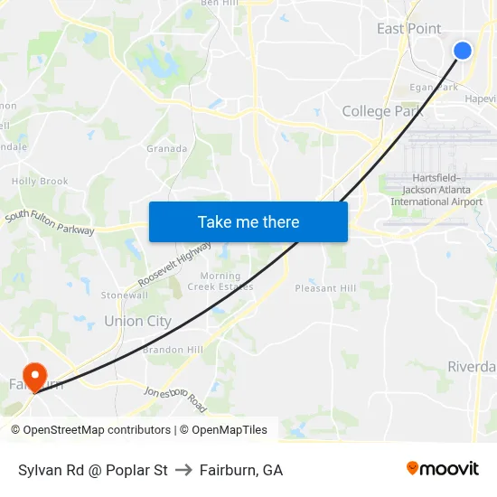 Sylvan Rd @ Poplar St to Fairburn, GA map