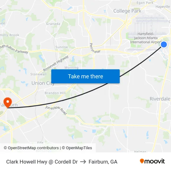 Clark Howell Hwy @ Cordell Dr to Fairburn, GA map