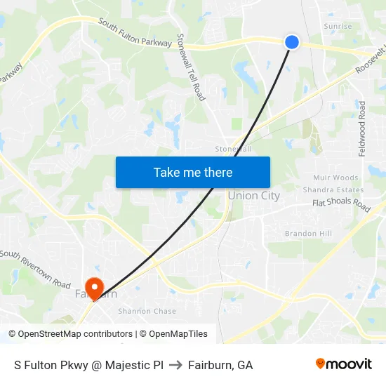 S Fulton Pkwy @ Majestic Pl to Fairburn, GA map