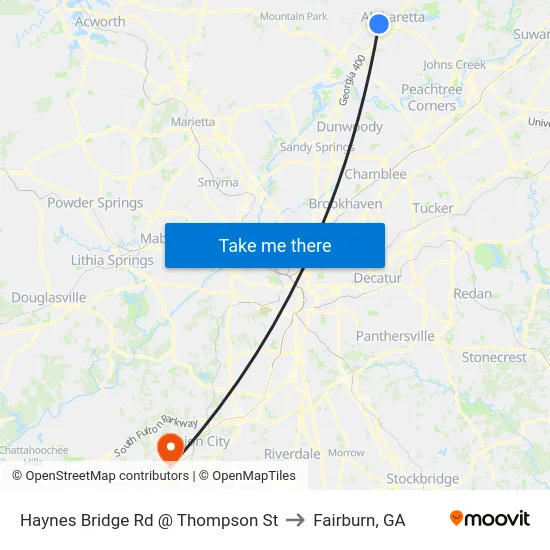 Haynes Bridge Rd @ Thompson St to Fairburn, GA map