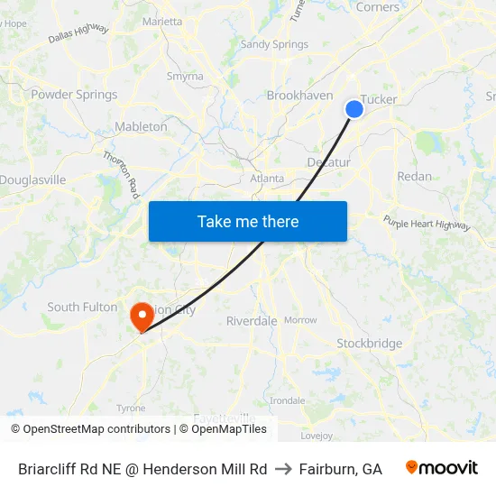 Briarcliff Rd NE @ Henderson Mill Rd to Fairburn, GA map