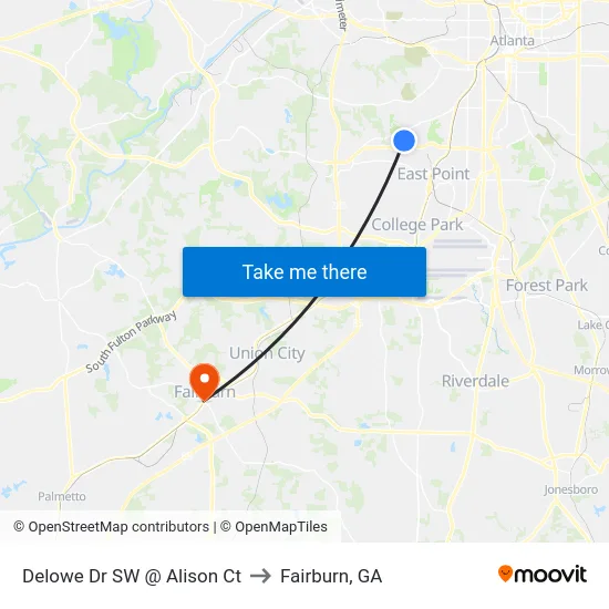 Delowe Dr SW @ Alison Ct to Fairburn, GA map