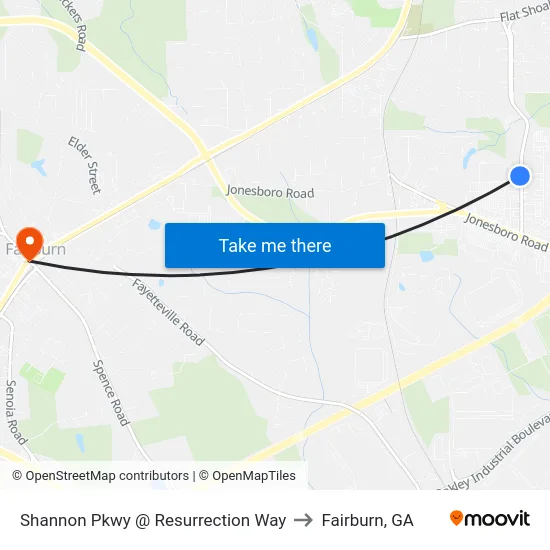 Shannon Pkwy @ Resurrection Way to Fairburn, GA map