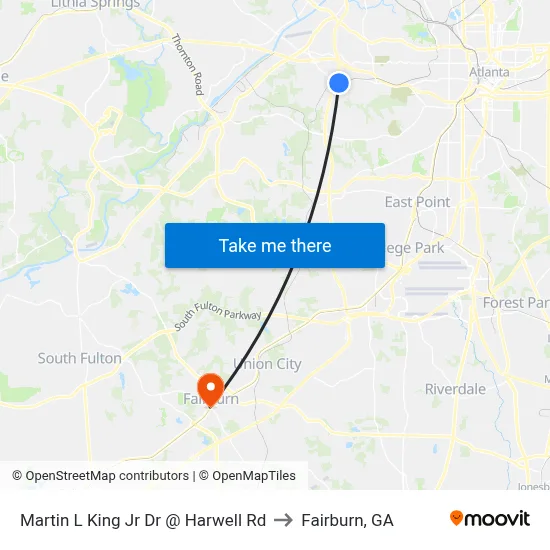 Martin L King Jr Dr @ Harwell Rd to Fairburn, GA map