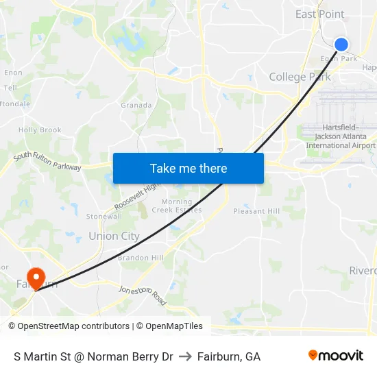 S Martin St @ Norman Berry Dr to Fairburn, GA map