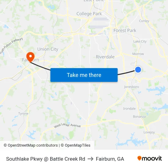 Southlake Pkwy @ Battle Creek Rd to Fairburn, GA map