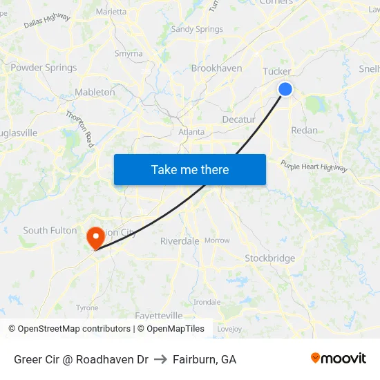 Greer Cir @ Roadhaven Dr to Fairburn, GA map