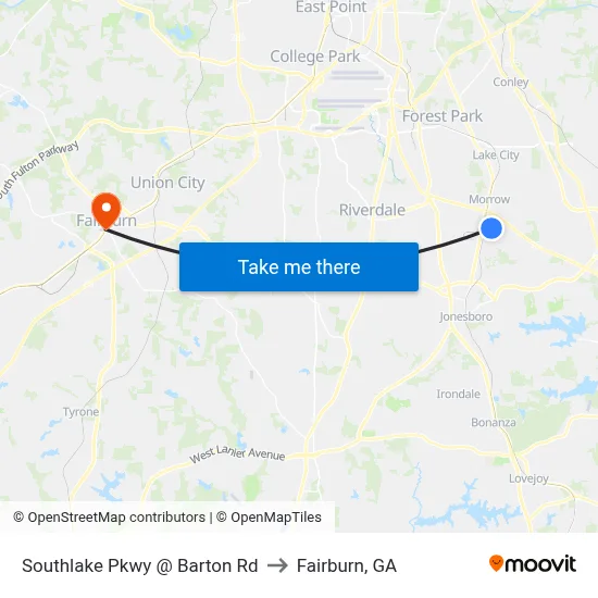 Southlake Pkwy @ Barton Rd to Fairburn, GA map
