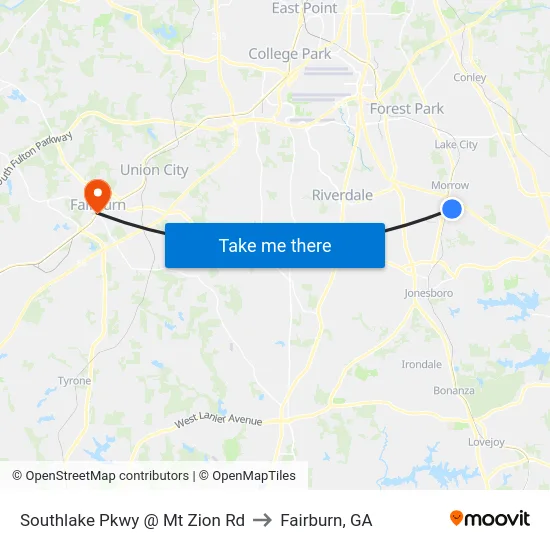 Southlake Pkwy @ Mt Zion Rd to Fairburn, GA map