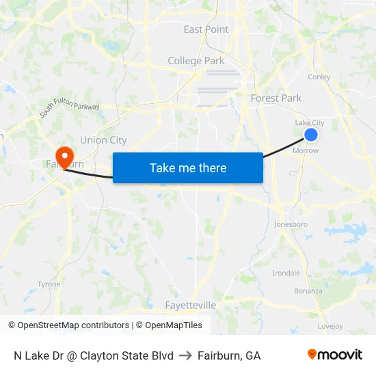 N Lake Dr @ Clayton State Blvd to Fairburn, GA map
