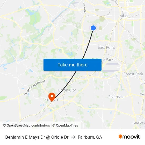 Benjamin E Mays Dr @ Oriole Dr to Fairburn, GA map