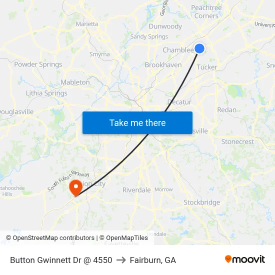 Button Gwinnett Dr @ 4550 to Fairburn, GA map