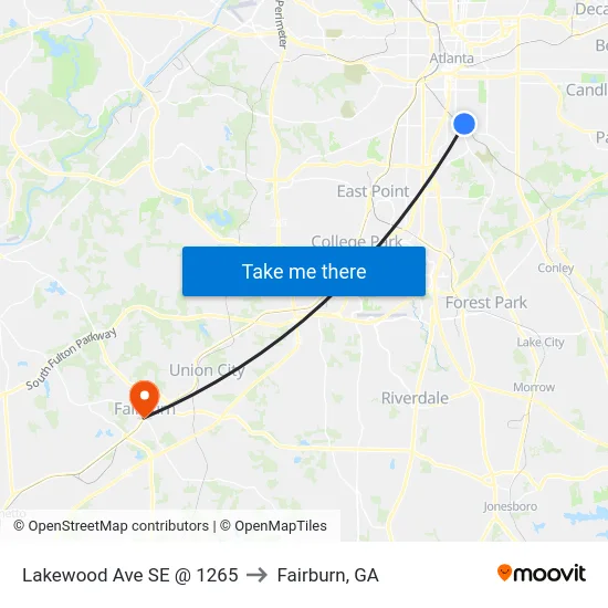 Lakewood Ave SE @ 1265 to Fairburn, GA map
