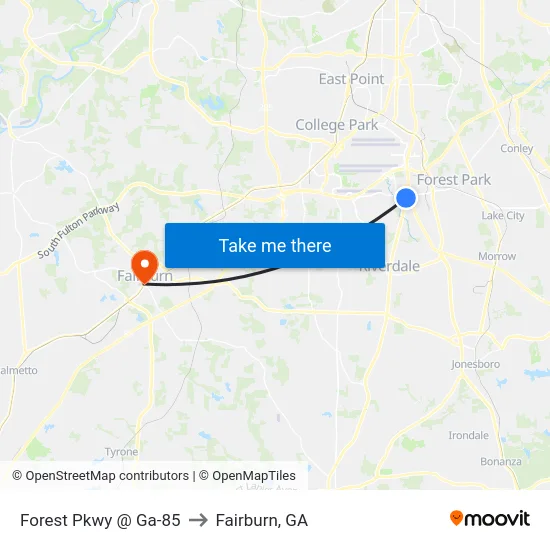 Forest Pkwy @ Ga-85 to Fairburn, GA map