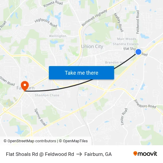 Flat Shoals Rd @ Feldwood Rd to Fairburn, GA map