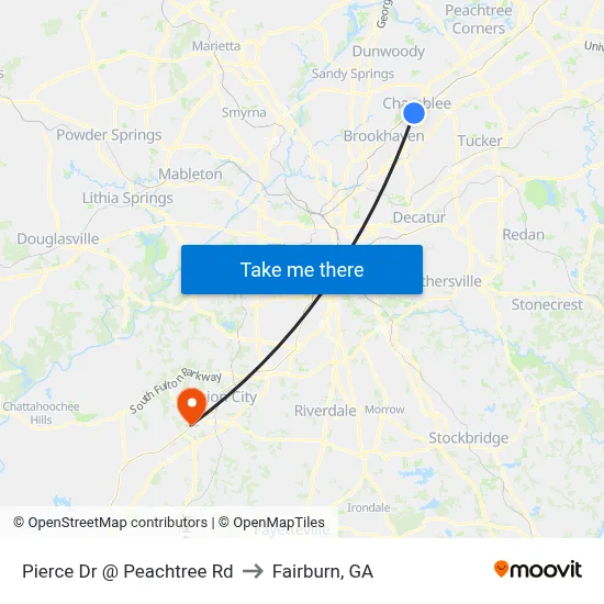 Pierce Dr @ Peachtree Rd to Fairburn, GA map