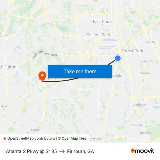 Atlanta S Pkwy @ Sr 85 to Fairburn, GA map