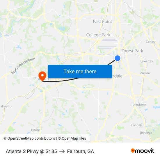Atlanta S Pkwy @ Sr 85 to Fairburn, GA map
