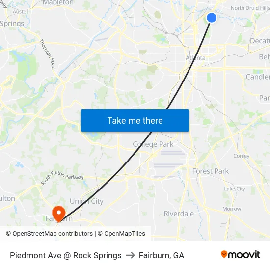 Piedmont Ave @ Rock Springs to Fairburn, GA map