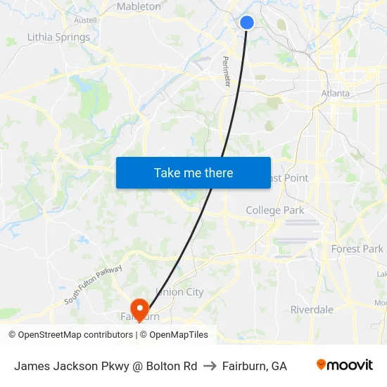 James Jackson Pkwy @ Bolton Rd to Fairburn, GA map
