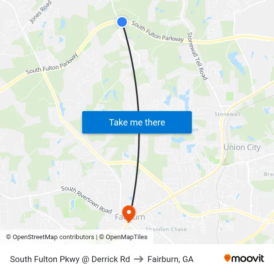 South Fulton Pkwy @ Derrick Rd to Fairburn, GA map