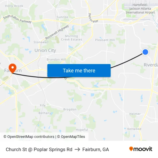 Church St @ Poplar Springs Rd to Fairburn, GA map