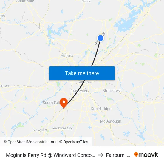Mcginnis Ferry Rd @ Windward Concourse to Fairburn, GA map