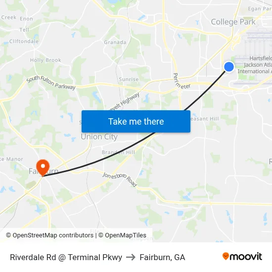 Riverdale Rd @ Terminal Pkwy to Fairburn, GA map