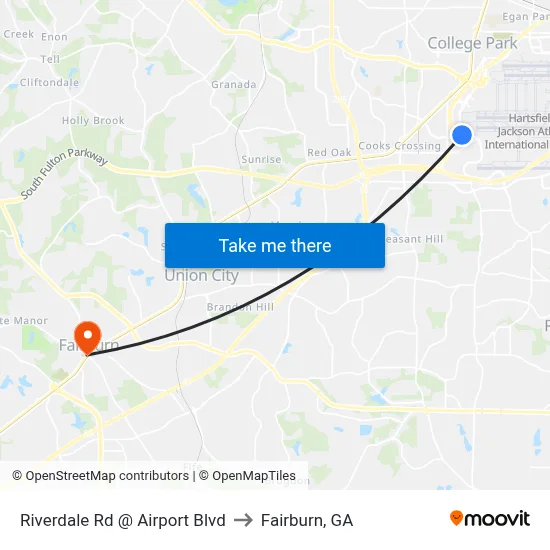 Riverdale Rd @ Airport Blvd to Fairburn, GA map