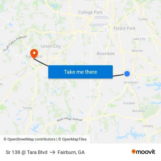 Sr 138 @ Tara Blvd to Fairburn, GA map