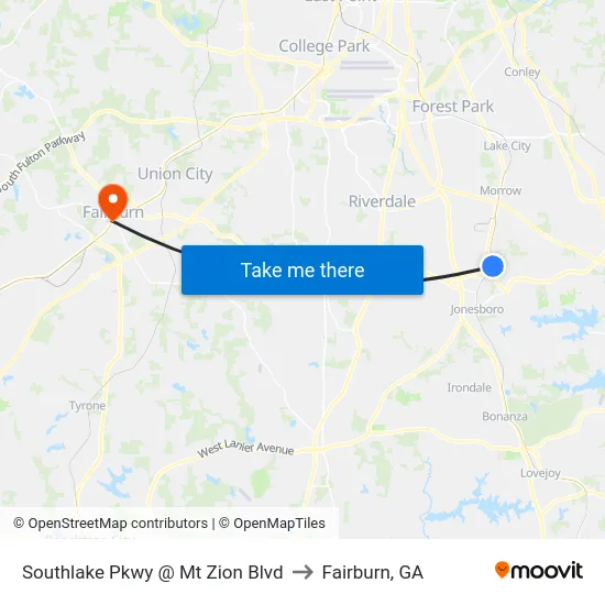 Southlake Pkwy @ Mt Zion Blvd to Fairburn, GA map