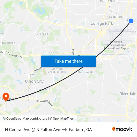 N Central Ave @ N Fulton Ave to Fairburn, GA map