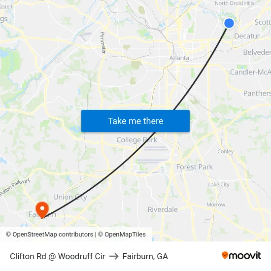 Clifton Rd @ Woodruff Cir to Fairburn, GA map