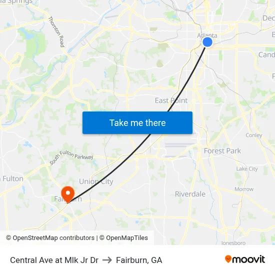 Central Ave at Mlk Jr Dr to Fairburn, GA map