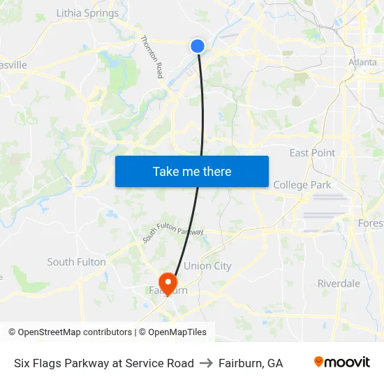 Six Flags Parkway at Service Road to Fairburn, GA map