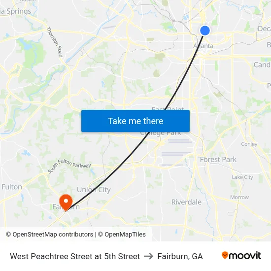West Peachtree Street at 5th Street to Fairburn, GA map
