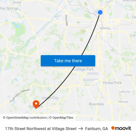 17th Street Northwest at Village Street to Fairburn, GA map